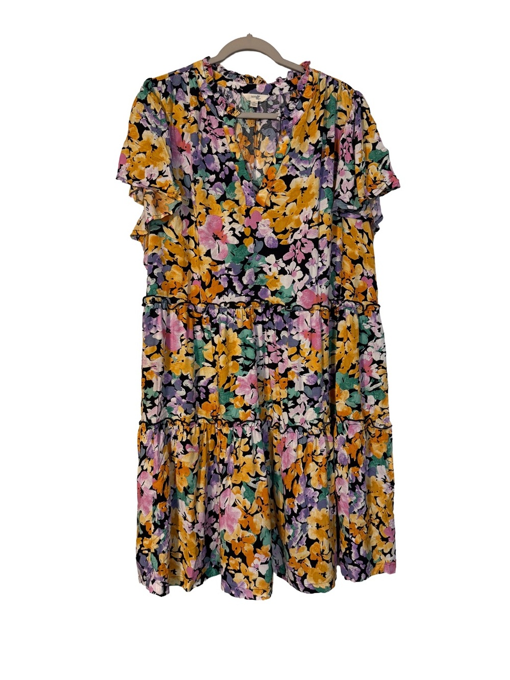 Terra & Sky Floral Tiered V-Neck Dress in Yellow, Pink & Green SZ 2X 22W